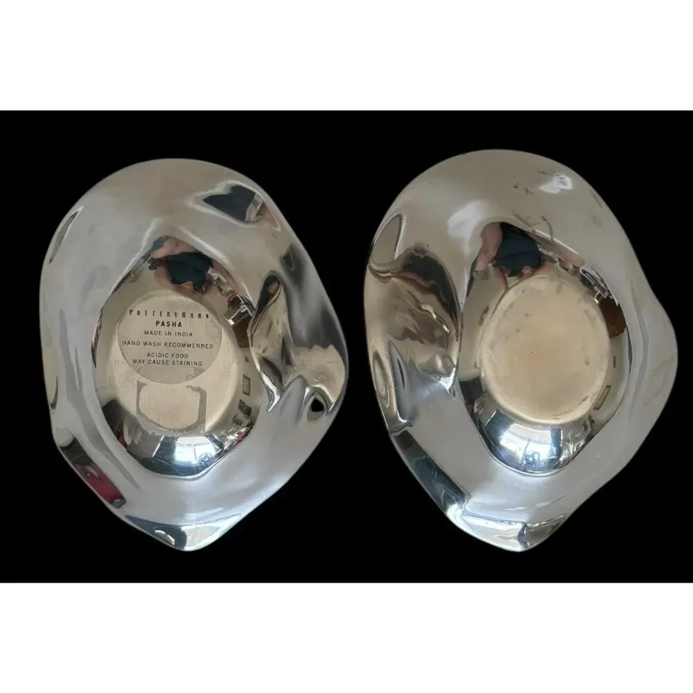 Set Of 2 Pottery Barn Silver Tone “Pasha” Irregular Shaped Bowls 6.5 x5”x2.5”